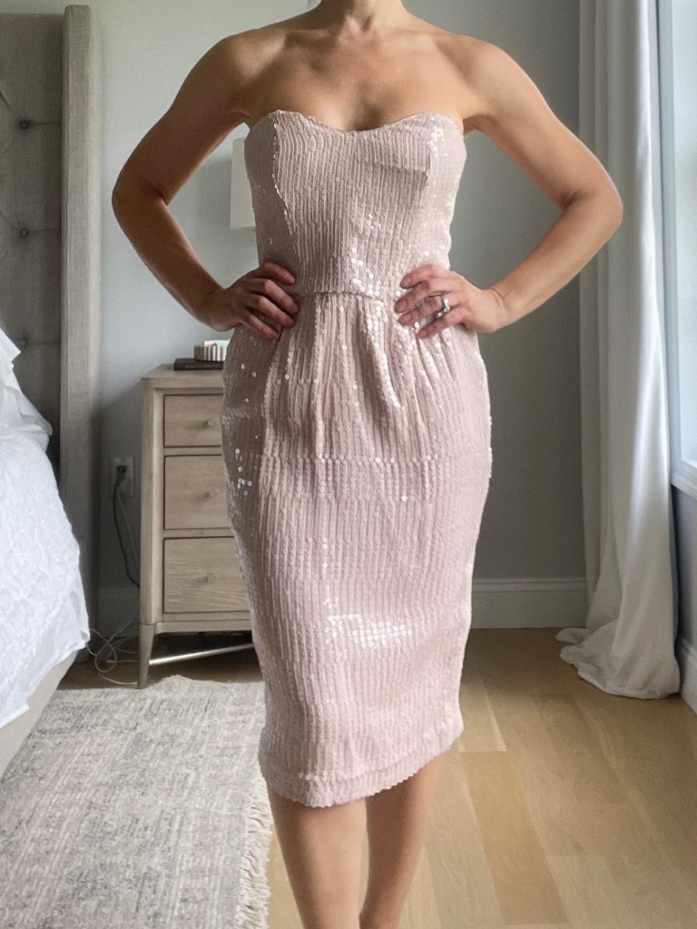 French Connection Blush Pink Sequin Strapless Midi Dress Size 2 NWT